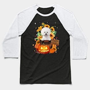 White Bichon Frise Halloween Pumpkin Fall Bucket Baseball T-Shirt